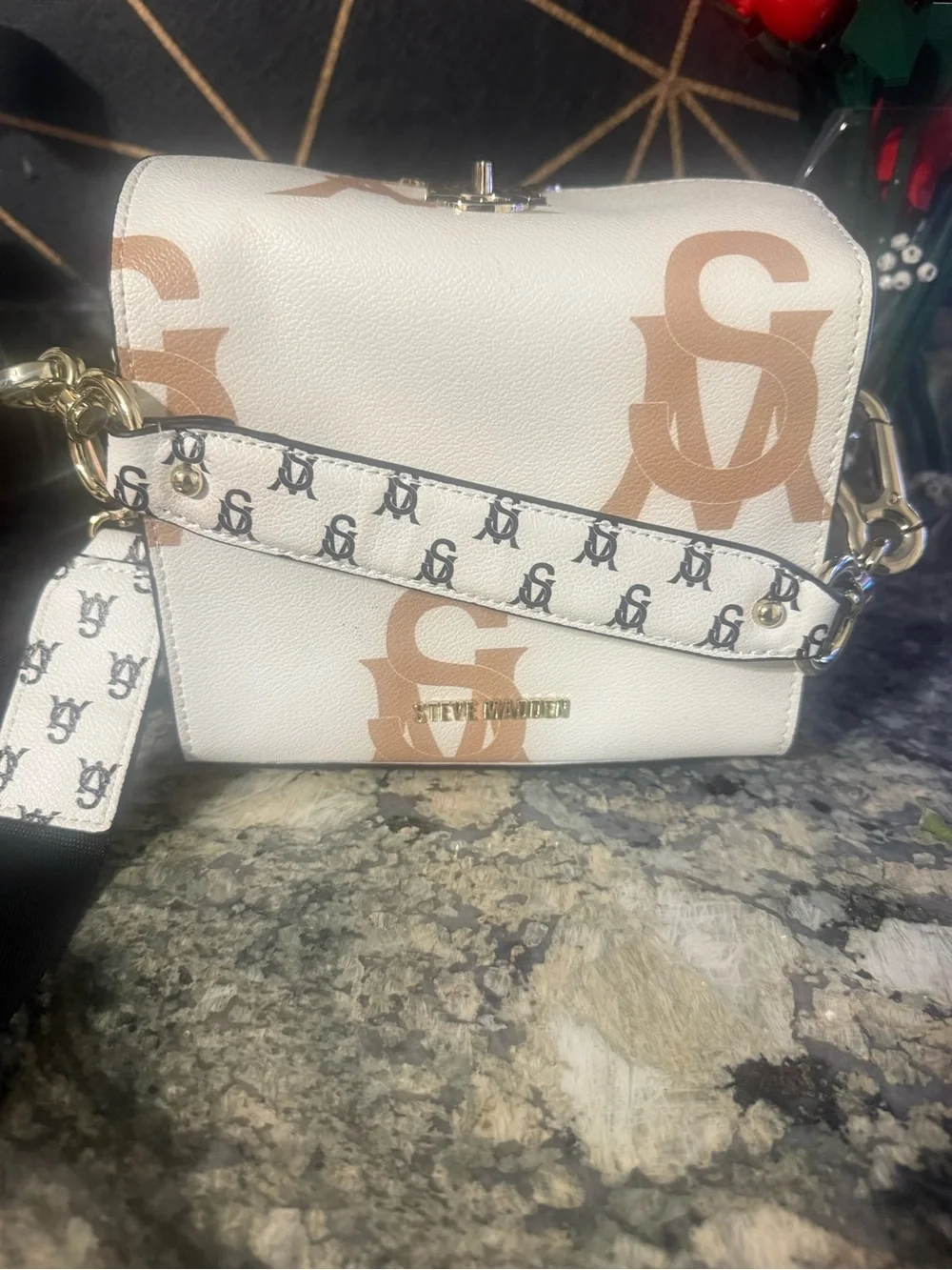 Steve Madden Olive Green Logo Shoulder Bag with White Monogram